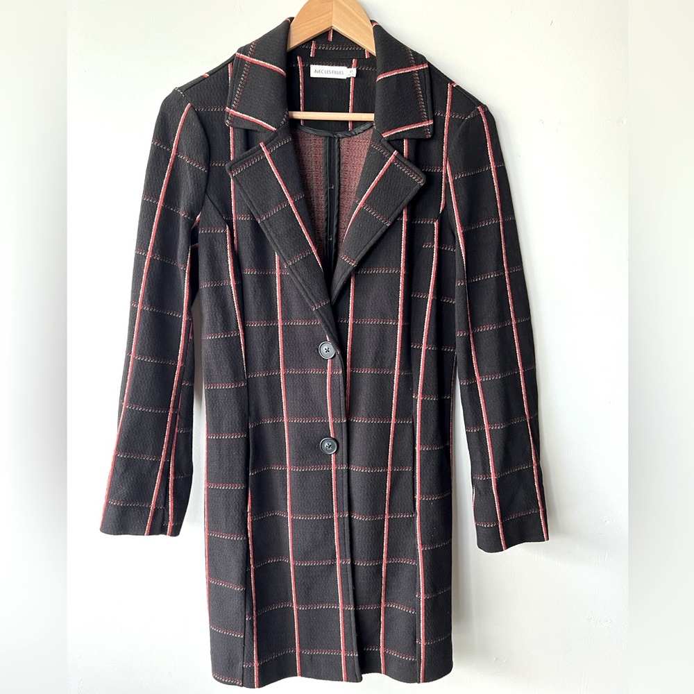 Avec Les Filles Windowpane Black Red Long Jacket, XS
